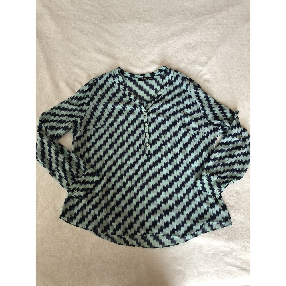 ANA Blouse Womens XL Long Sleeve Collar V Neck Geometric Sheer Button Up Blue‎